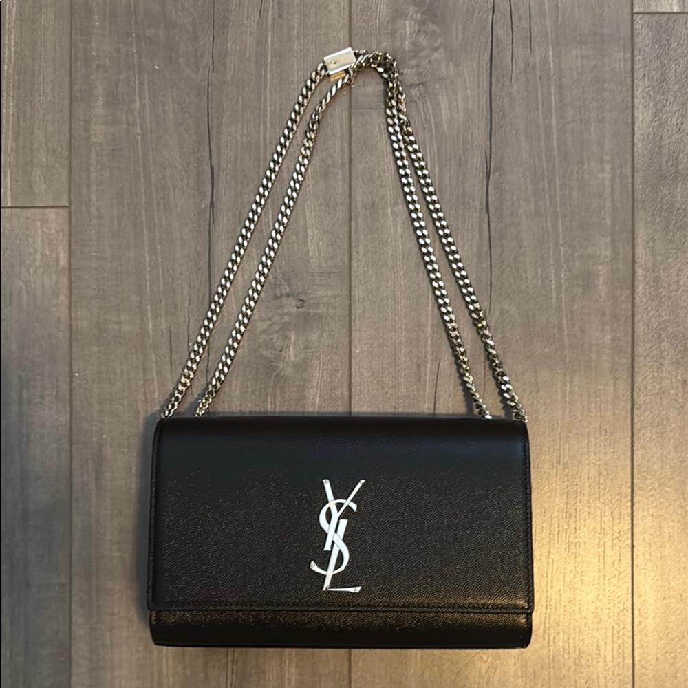 Yves Saint Laurent Black Crossbody Bag with Silver Chain